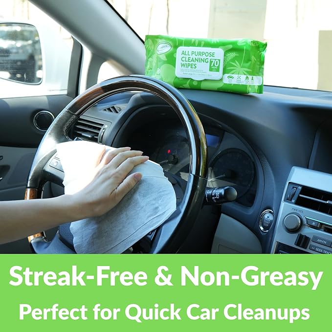 Air Jungles All Purpose Cleaning Wipes for Car and Home 70 Count (Pack of 2), Extra Large 8" x 10" Heavy Duty for Car Interior Vinyl, Kitchen, Bathroom, Countertop, Furniture, Tool - Non-Toxic