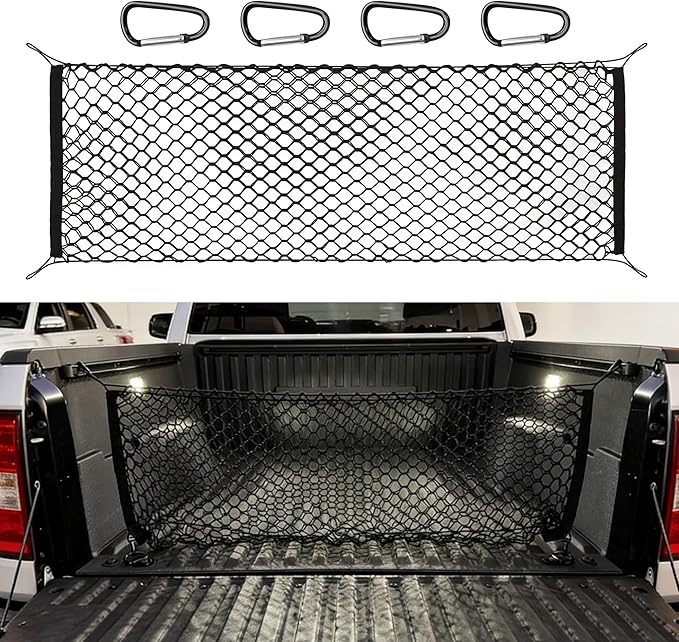 Truck Bed Cargo Net, 49" x 18" (Stretches to 59" x 18'') Envelope Style Organizer, Fits Ford F150, Chevy Silverado, RAM 1500, GMC Sierra, Heavy Duty Mesh with 4 Metal Carabiners for Groceries & Gear