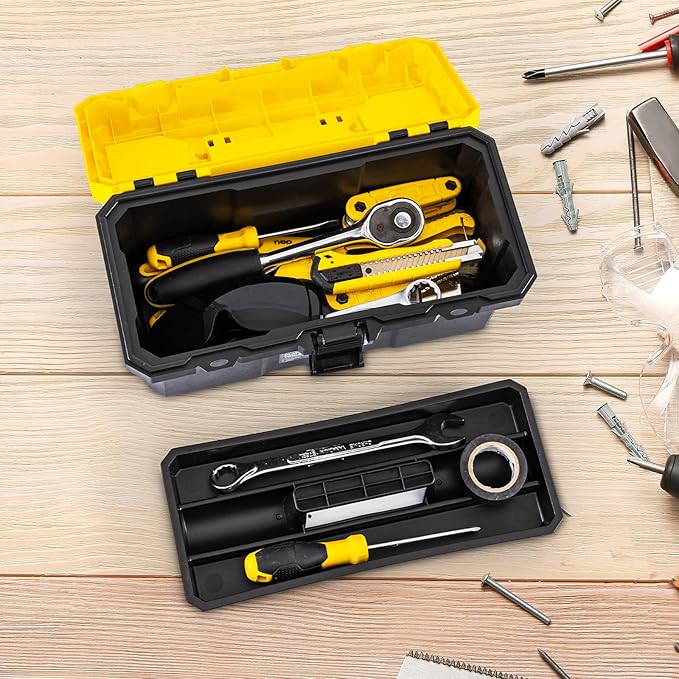 14 Inch Tool Box with Lock, 2-Layer Heavy-Duty Organizer with Removable Tray, Liftable Lid for Small Parts, 16lb Capacity & Carry Handle for Tools, Camping, Medical Supply Storage