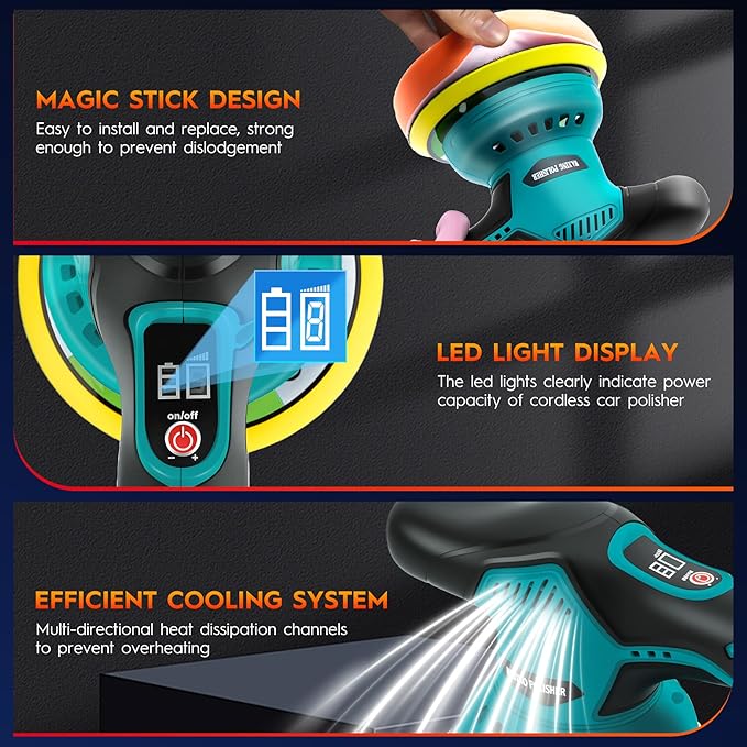 Cordless Car Buffer Polisher Kit with 2x21V Batteries, 6 Inch Car Polisher with 8 Variable Speed Max 6000RPM & 21 PCS Attachments, Buffer Polisher for Car Detailing, Sanding, Scratch Removing