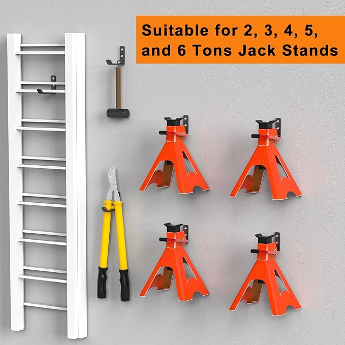 6 Pack Jack Stands Wall Mount Organizer, Car Jack Stand Wall Hooks for Hanging, Universal Upgrade Designed Garage Hook, Heavy Duty Hooks Fits 2 & 3 & 4 & 5 & 6 Ton Heavy Duty Jack Stand