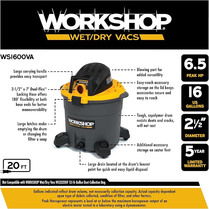 WORKSHOP Wet/Dry Vacs Shop Vacuum WS1600VA 16-Gallon 6.5 Peak HP Heavy-Duty Wet Dry Vacuum Cleaner with Filter, Hose, and Attachments for Home Projects & Renovations