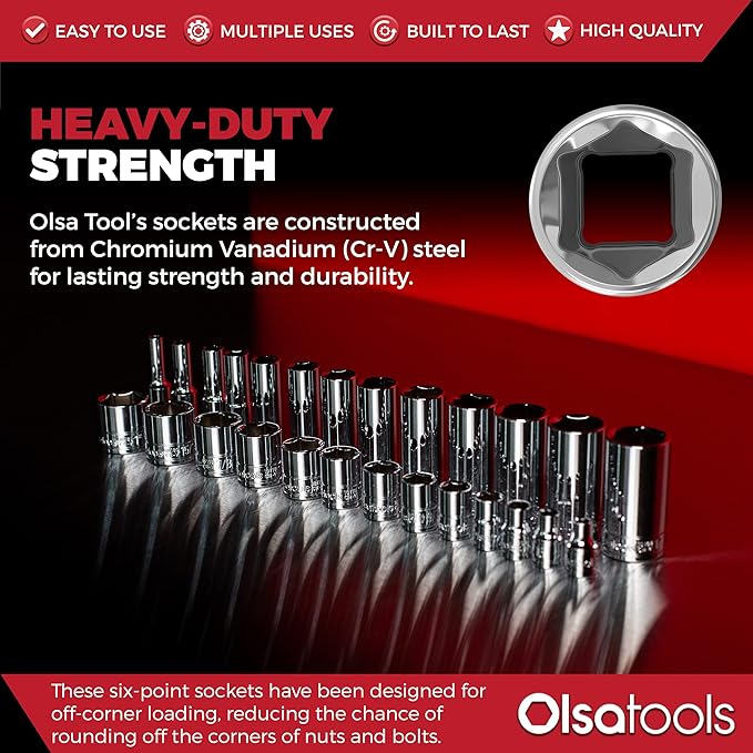 Olsa Tools SAE Shallow Socket Set - 1/4-Inch Drive, 13pc - 6-Point Chrome Sockets 1/8" to 5/8" and No Skipped Sizes - Mechanic Shallow SAE Socket Set - Professional Grade Short Sockets - Part: 1330