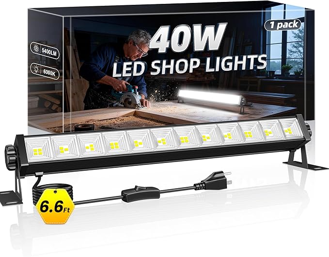 1 Pack LED Shop Light, 40W 5400LM Plug in Garage Lights with 6.6FT Long Power Cord and On/Off Switch, 6000K Daylight White Work Light for Garage, Workshop, Warehouse