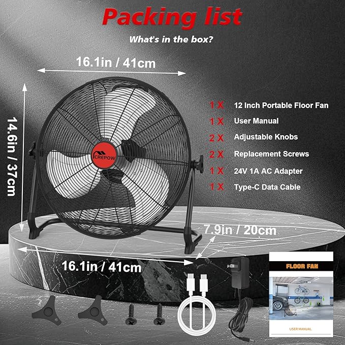 12" Battery Operated Floor Fan Compatible with Milwaukee 18V Battery, Portable Cordless Fan with AC Adapter, USB and Type-C Output, Variable Speed Fans for Jobsite Garage Camping(No Battery)