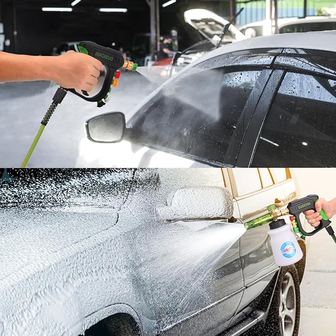 DUSICHIN Short Pressure Washer Gun Car Wash Foam Gun 1/4" Quick Connector, Power Washer Wand Sprayer Foam Green Handle with 3/8" Quick Connect, M22-14 mm and M22-15 mm Fitting,5 Nozzles DUS2701