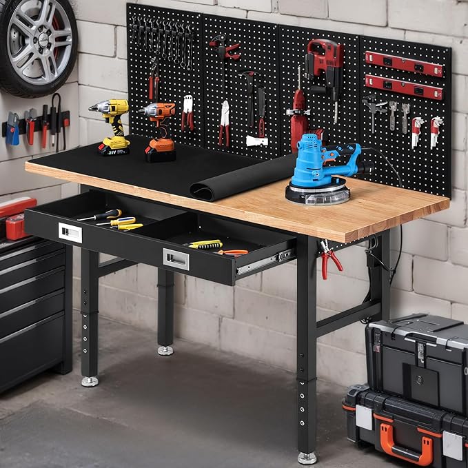 ENJOYWOOD Work Bench with Drawers Adjustable Workbenches for Garage 60 Inch Rubber Wood Top Garage Workbench with Pegboard,Power Outlets for Woodworking, Home, Office, Workshop