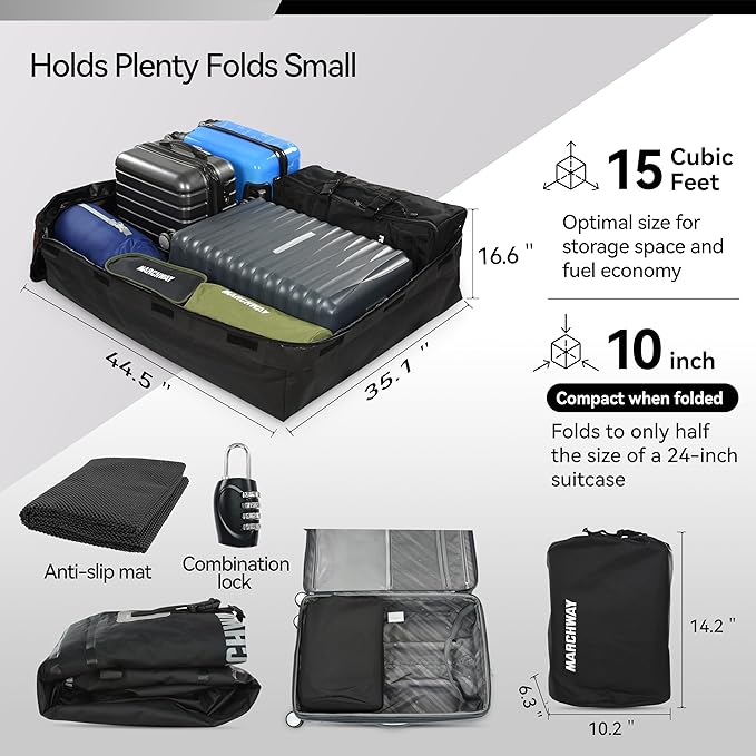 MARCHWAY Waterproof Car Roof Luggage Bag, Weatherproof Soft Shell Rooftop Cargo Carrier Bag for Vehicles with or Without Rack. 6 Door Hooks, Anti Slip Mat, Lock Included (15 Cubic Feet, Black)
