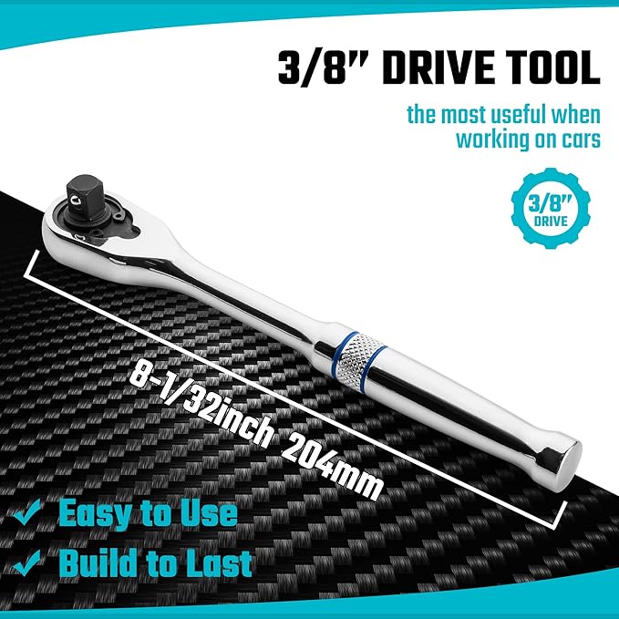 DURATECH 3/8" Drive Ratchet, Dirt Resistance 90-Tooth Ratchet Wrench, Chrome Alloy Made, Fully Polished