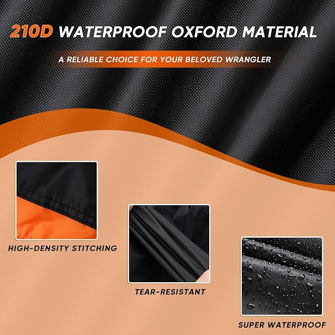 NEVERLAND Car Cover for Jeep Wrangler 4 Door Waterproof Car Covers, All Weather Protection Jeep Sun Rain Protection for Wrangler 4 Fits JK JL JLU JKU 2007-2025 Outdoor Covers (Black+Orange)