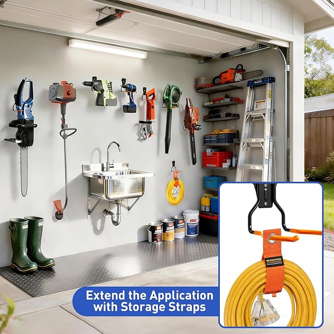 Heavy Duty Garden Power Tool Hanger, Garage Storage Utility Hooks with Storage Straps, Electric Tool Hooks, String Trimmer Hangers, Garden Tool Organizer, Weedeater Rack (1, Orange)