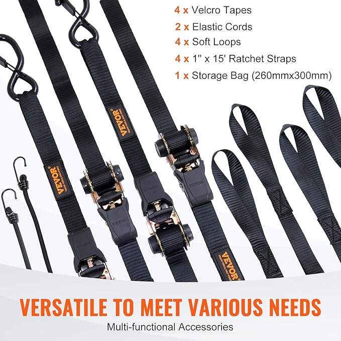 VEVOR Ratchet Tie Down Straps (4PK), 2200 lb Break Strength, 1" x 15' Heavy Duty Ratchet Tie Down Strap Set with Padded Handles, Coated S Hook, Soft Loop for Moving Appliances Motorcycle ATV Truck