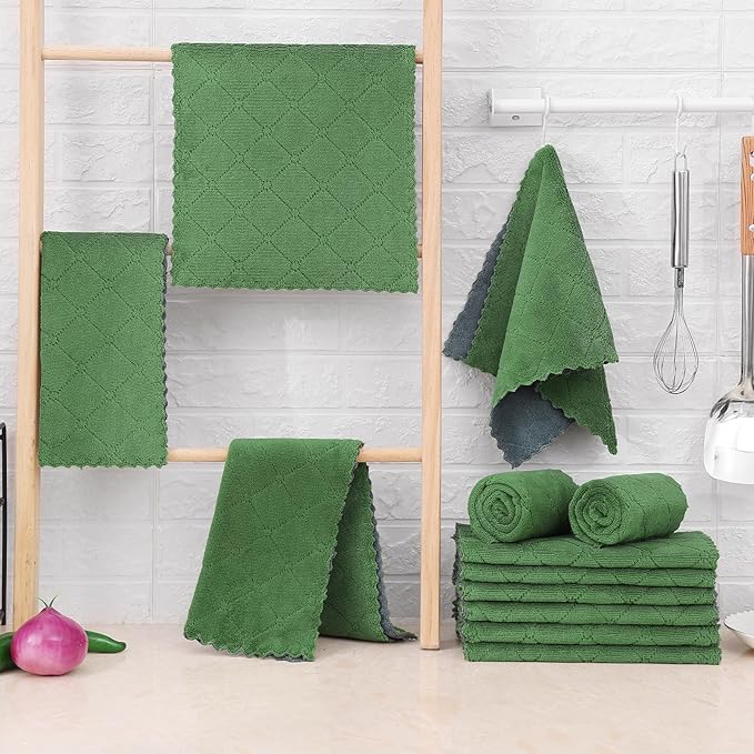 Mordimy 24 Pack Kitchen Towels (20" x 10", Dark Grey & Grass Green), Super Soft and Absorbent Dish Towels, Coral Velvet Microfiber Cleaning Cloth, Nonstick Oil Fast Dry Dish Cloths