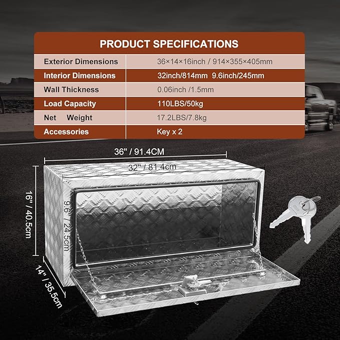 VEVOR Underbody Truck Box, 36"×14"×16" Pickup Storage Box, Heavy Duty Aluminum Diamond Plate Tool Box with Lock and Keys, Waterproof Trailer Storage Box with T-Handle Latch for Truck, Van, Trailer
