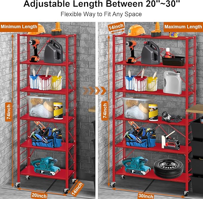 Himix 6 Tier Foldable Storage Shelves, Expandable Folding Bookshelf with Wheels, Changeable into 2 Shelf Units, Collapsible Adjustable Storage Rack Metal Shelves for Garage Kitchen, Basement, Red