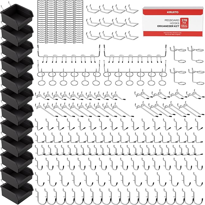 278PCS Upgraded Pegboard Hooks Assortment, Peg Board Organizer Accessories with Bins, Fit 1/8 or 1/4 inch PegBoard for Hanging Tools Storage, Garage, Workbench, Wall, Craft Room and Workshop