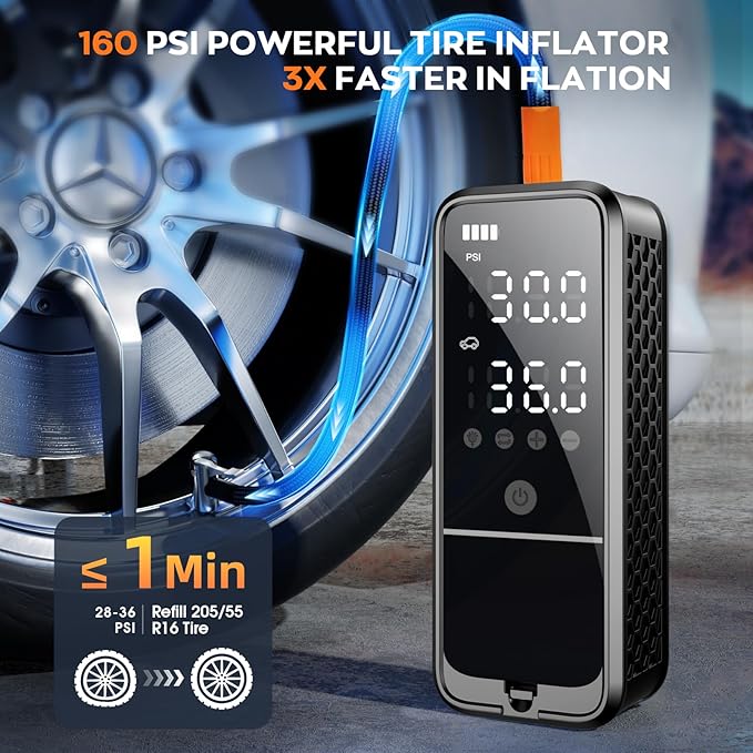 Tire Inflator Portable Air Compressor, 6000mAh Air Pump for Car Tires 160 PSI Portable Air Pump with Tire Gauge Pressure & LED Light & Auto Shut-Off Cordless Bike Pump for Car, Motor, Bike, Ball