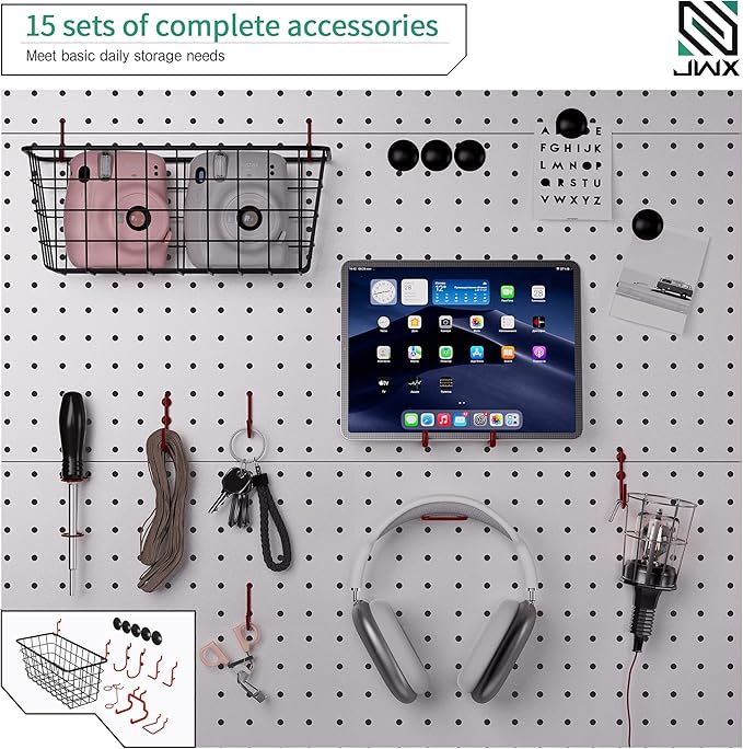 JWX Standing Pegboard Shelf Unit, White Gaming Home Office Garage Cabinets with Metal Pegboard and 15 Pieces Organizer Tool Holders