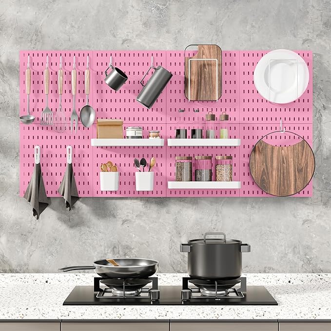MULSAME Pegboard Combination Kit, Wall Mounted Storage Set with 8 Pegboards & 32 Accessories Hanging, Pink Peg Boards Organizer for Walls Display, Crafts Organization, Kitchen Organizer, 22" x 44"
