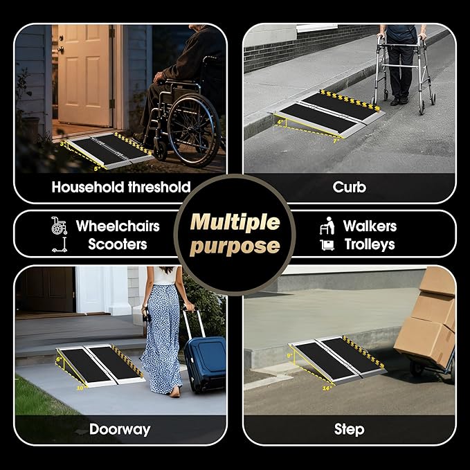 3FT Foldable Wheelchair Ramp Portable | Lightweight Aluminum Folding Ramp with Non-Slip, 600LBS Capacity for Steps, Low Curbs, Doorway & Threshold, Use with Walker, Mobility Scooter or Cart