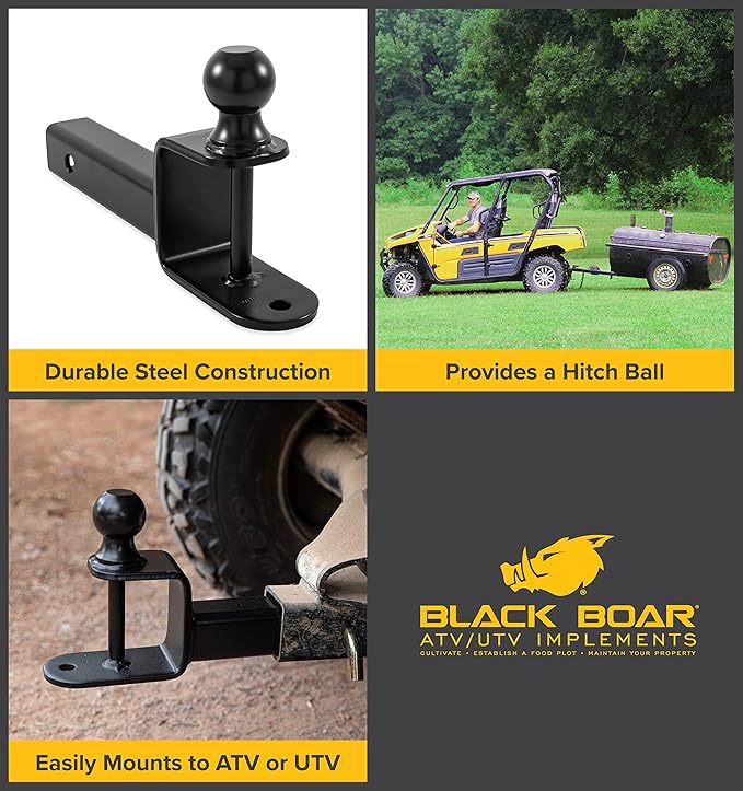 Black Boar UTV ATV Multi-Hitch - Features 1-7/8” Hitch Ball, 2” Shank - 9” (L) Shank - Hitch Ball has 2” Rise & Rated for 2,000lbs - Use w/Utility Trailers, Tow Straps & Other ATV Accessories (66082)