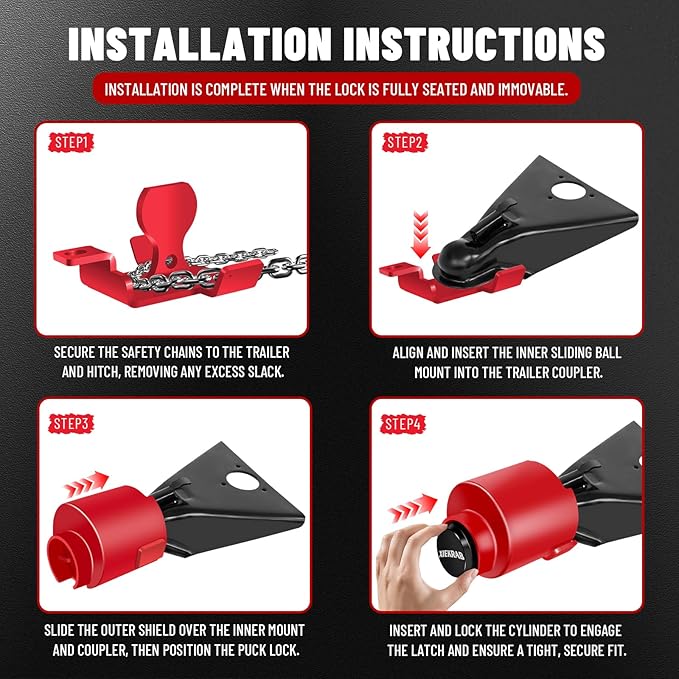 Trailer Lock Fits 2-5/16” Couplers, Heavy-Duty Trailer Hitch Lock with 304 Stainless Steel Core, Fixed Safety Chain Anti-Theft Ball Hitch Lock for RV, Boat, Utility & Cargo Trailers – Red