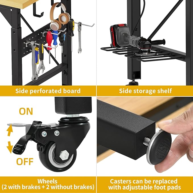 DWVO Adjustable Workbench with Pegboard 48", Heavy Duty Wood Top Work Bench with Wheels, 1600 LBS Load Capacity, Rolling Work Table with AC/USB Outlet, Hooks, Rack for Garage, Workshop, Office, Home