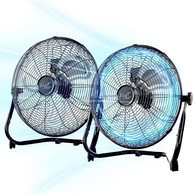 Vie Air 20 Inch Twin Pack Industrial Tilting High Velocity 3 Speed Metal Floor Fan, Black