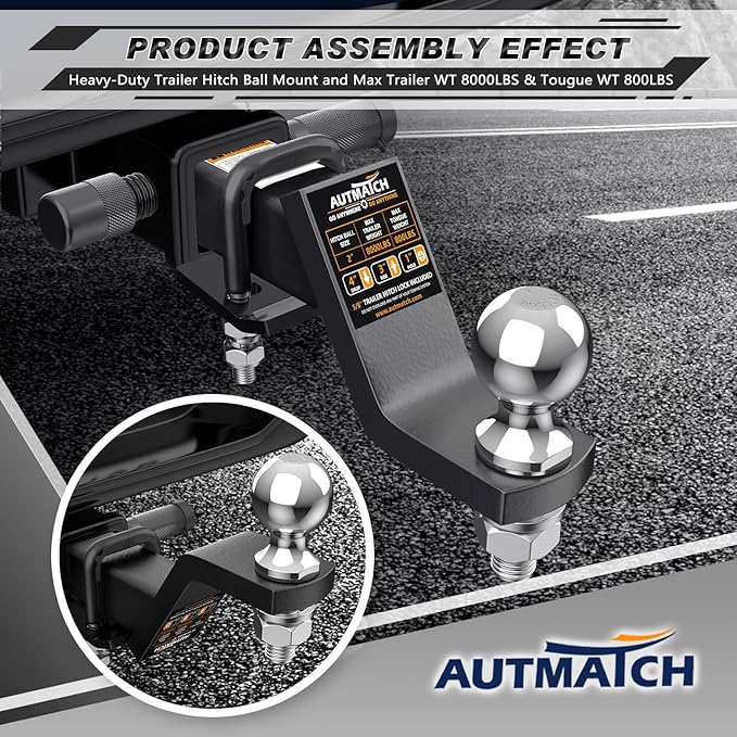 AUTMATCH Trailer Hitch Ball Mount with 2 Inch Hitch Ball - Fits 2" Receiver with Hitch Tightener, 8000Lbs Capacity Ball Hitch, 4-Inch Drop with 5/8" Hitch Lock Pin, Gunmetal