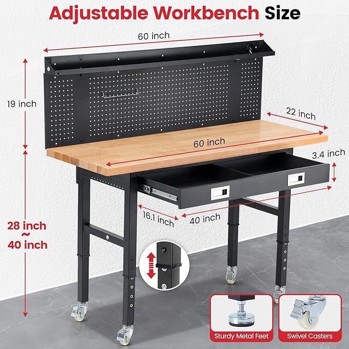 ENJOYWOOD 60" x 22'' Garage Workbench with Wheels Adjustable Height Rubberwood Work Table with Drawers, Pegboard, Power Outlets & LED Light Heavy Duty Rolling Workbench for Workshop & Home