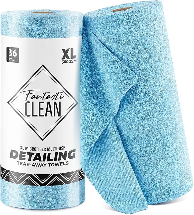 Fantasticlean XL Tear-Away Microfiber Cleaning Cloth Roll, 16'' by 16''- 36 Sheets, Thick & Large Detailing Towels, Ultra Absorbent, Lint-Free Reusable Wipes for All-Around Cleaning (Glossy Blue)