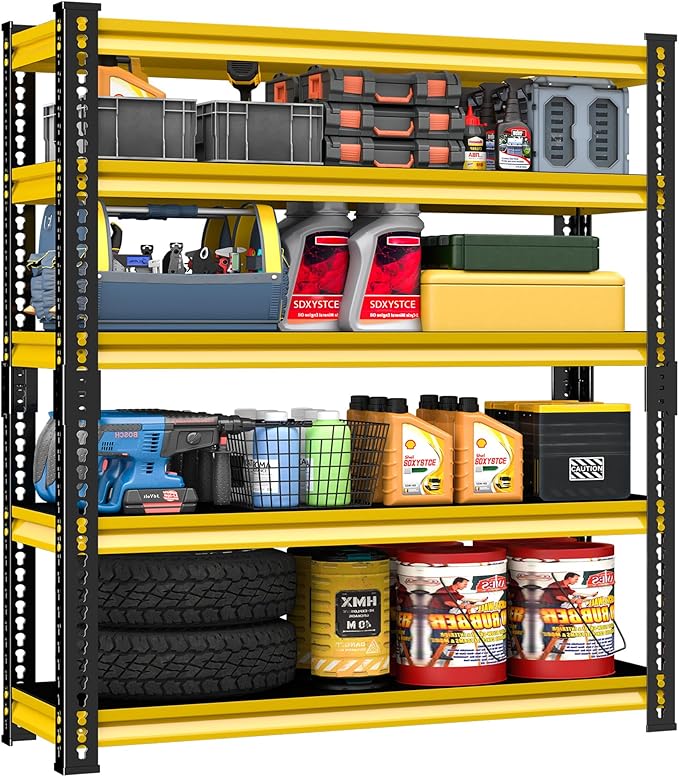 48" W Garage Storage Shelves Heavy Duty, 2800LBS Loads Adjustable Garage Shelving, 5-Tier Metal Shelving Units and Storage Racks, Industrial Utility Shelf,48''Wx18''Dx78''H, Yellow