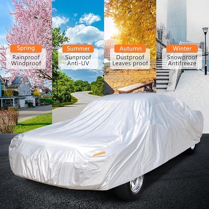 Waterproof All-Weather Car Cover for 1959-1984 Cadillac DeVille, Thunderbird, Impala SS, 1961-1996 Grand – Heavy-Duty Outdoor & Indoor Protection Against Rain, Snow, UV & Dust