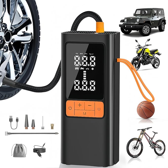 Tire Inflator Portable Air Compressor - 150PSI with Digital Dual-Value Display & LED Light, 12V DC for Cars, Motorcycles, Bicycles, Balls, etc.