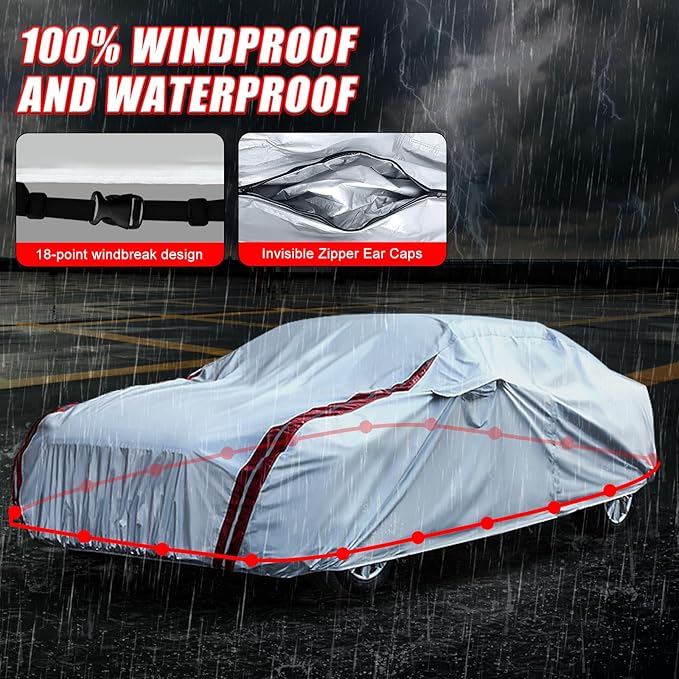 Waterproof Car Covers Replace for 2006-2025 Dodge Charger/Chrysler 300 300C, 6 Layers All Weather Car Cover with Zipper Door & 18 Ponit Windproof Bands for Snow Rain Dust Hail Protection