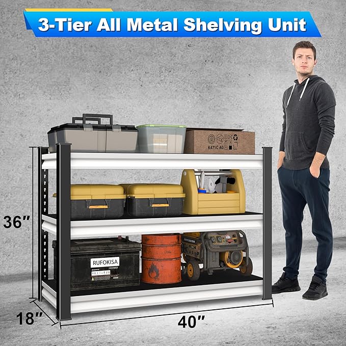 40" W Garage Shelving Heavy Duty,1500LBS Loads Adjustable Garage Storage Shelves,3-Tier Metal Storage Racks and Shelving Units,Utility Rack Shelves,40" W x 18" D x 36" H,White