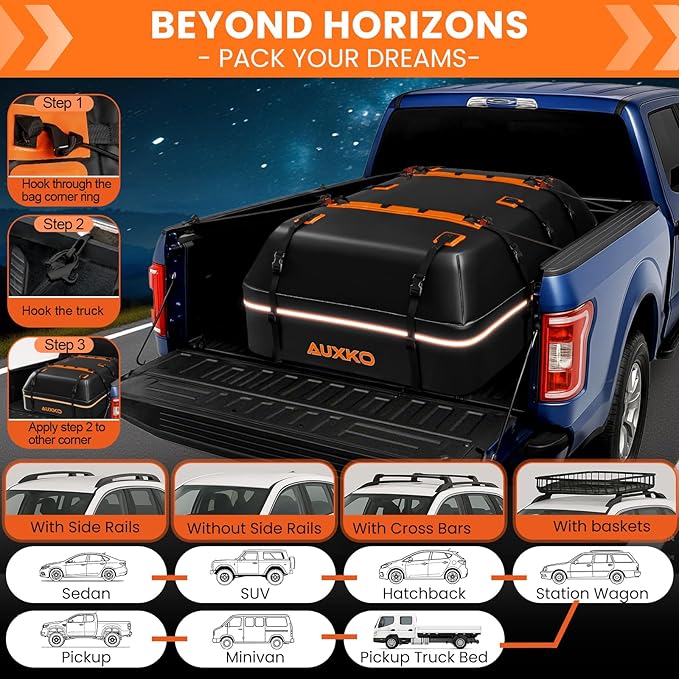 AUXKO 15 Cu.Ft Waterproof Rooftop Cargo Carrier for Cars/SUVs/Trucks, Foldable Soft Shell Roof Bag with Night-Reflective Strip, 6 Adjustable Bungee Straps & Door Hooks, Combination Lock, Anti-Slip Mat