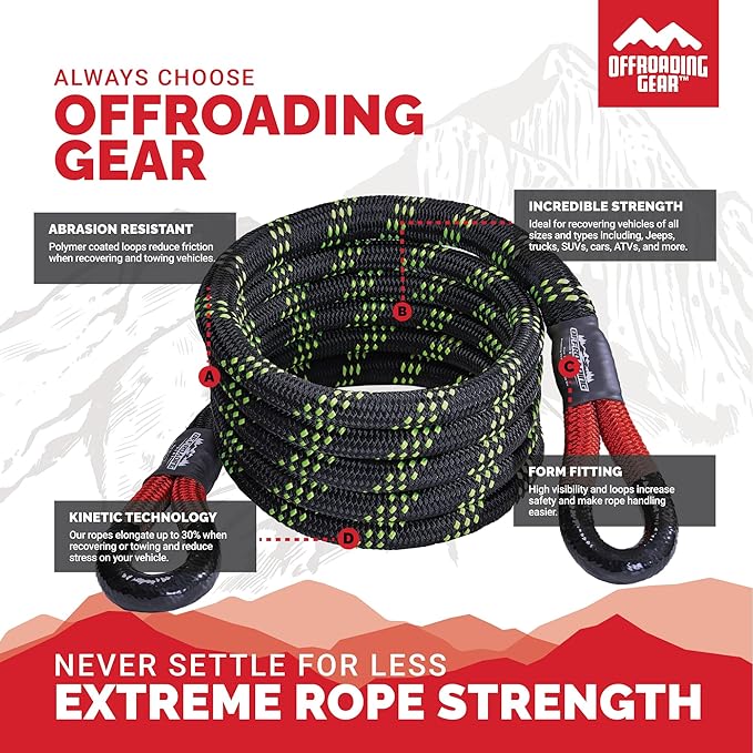 Offroading Gear 4x4 20'x7/8" Kinetic Recovery Rope & Tow Rope Kit| Black (28,600 lbs) | Elastic Snatch Strap | Heavy-Duty Loops | Truck |ATV| UTV| Car| SUV| Etc.