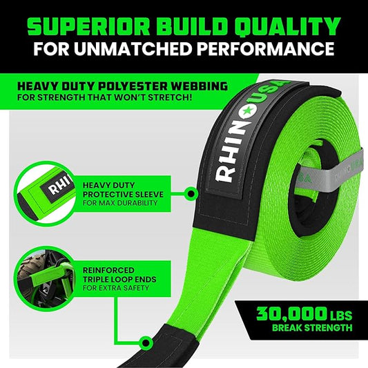Rhino USA Recovery Tow Strap (4" x 30') - 40,320lb Break Strength - Emergency Recovery Strap Tow Rope for Diesel Trucks, Backhoe, Excavators & More - Heavy Duty Towing Strap for Offroad 4x4 Use