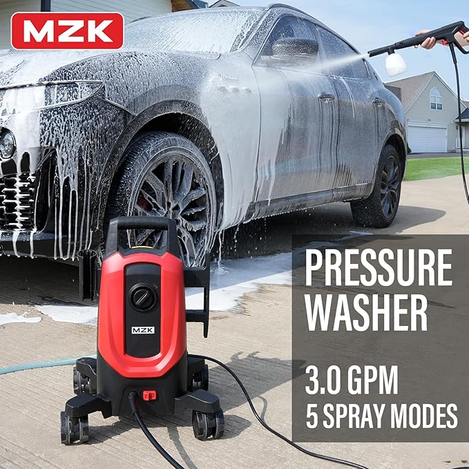 MZK Pressure Washer, Power Washer with Anti-Tipping Technology, 4 Wheels, 4 Quick Connect Nozzles, Foam Cannon, for Cars, Fences, Driveways, Patios, Home & Outdoor Cleaning - Deep Red