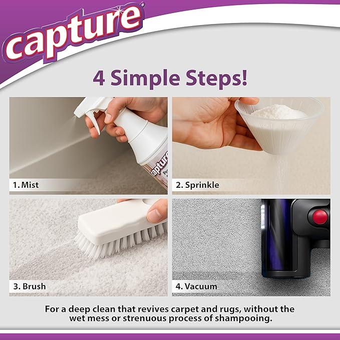 Capture Carpet Total Care Kit 100 - Home Couch and Upholstery, Car Rug, Dogs & Cats Pet Carpet Cleaner Solution - Strength Odor Eliminator, Stains Spot Remover, Non Liquid & No Harsh Chemical