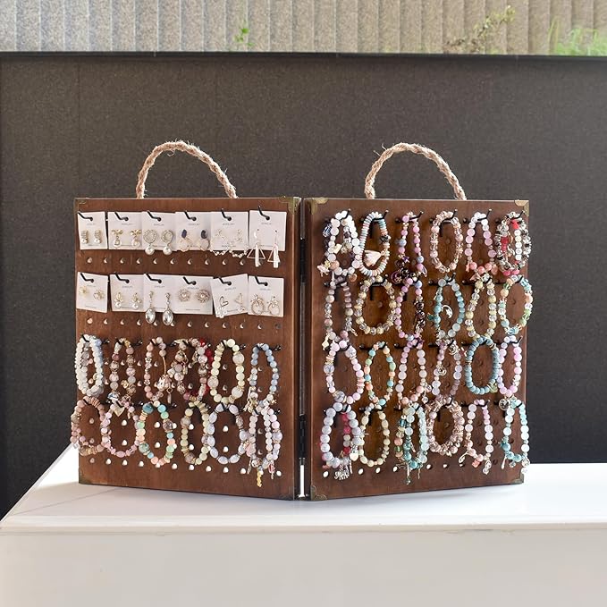MOOCA Wooden Foldable and Portable 2 Panel Pegboard Jewelry Display Organizer with 48 Removable Black Metal Hooks & Convenient Rope Handle for Easy Carrying, Dual-Sided Panels for Hanging, Brown Color