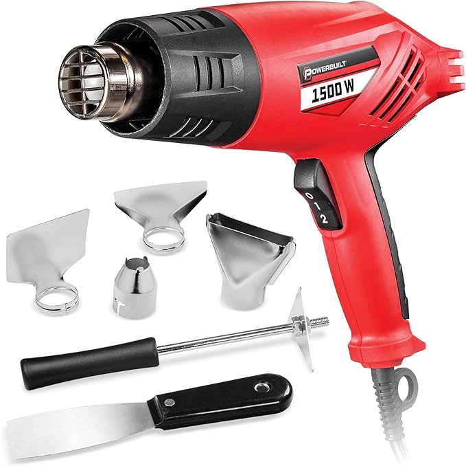 Powerbuilt 1500W Heavy Duty Heat Gun Kit with Dual Temperature & Speed Settings, 622°F–1022°F, 7 Accessories, and Storage Case – Ideal for Paint Removal, Heat Shrink, and Loosening Bolts - 240068