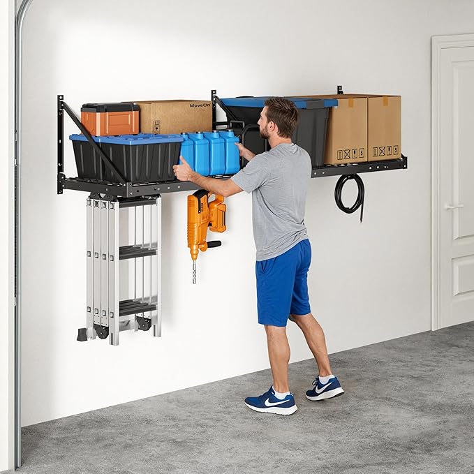 FLEXIMOUNTS 2-Pack 2x4ft Garage Wall Shelving with 4 Hooks - Heavy Duty Garage Storage System, 660 lbs Load Capacity with Brace Guardrail, Wall Mounted Organization for Bikes, Tools, Bins, Pro Series