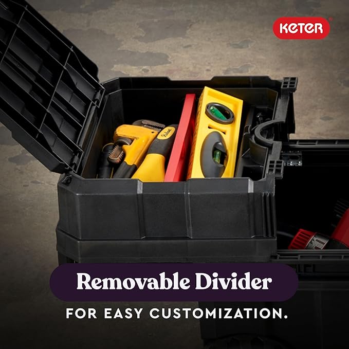 Keter Masterloader Resin Rolling Tool Box with Locking System and Removable Bins – Perfect Organization and Storage Chest for Power Drill, Tape Measure, and Screwdriver Set, Black