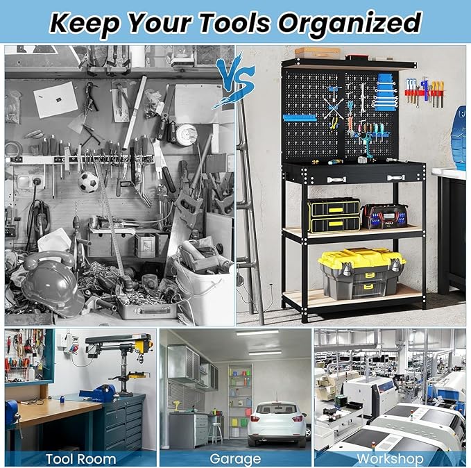 ERGOMASTER Work Bench with Drawers,Heavy Duty Garage Workbench with Pegboard, 965LBS Capacity Work Table for Garage, Home, Workshop, Auto Shop, Basement (Blue Standard Size With drawer)