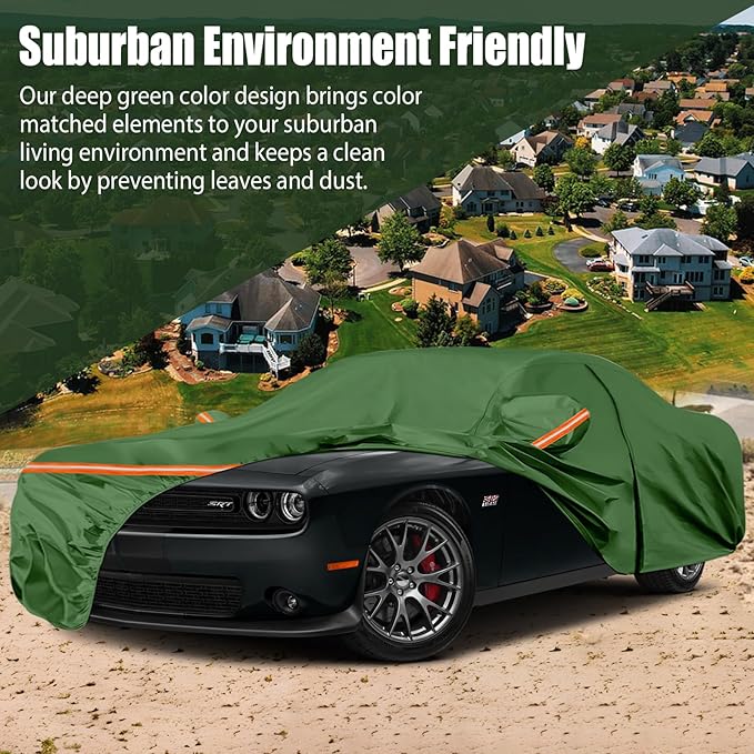 Waterproof Car Covers Replace for 2008-2025 Dodge Challenger, Multilayer Heavy Duty with Cotton Liner All Weather Car Cover with Zipper Door, Windproof Bands for Snow Rain Dust Protection