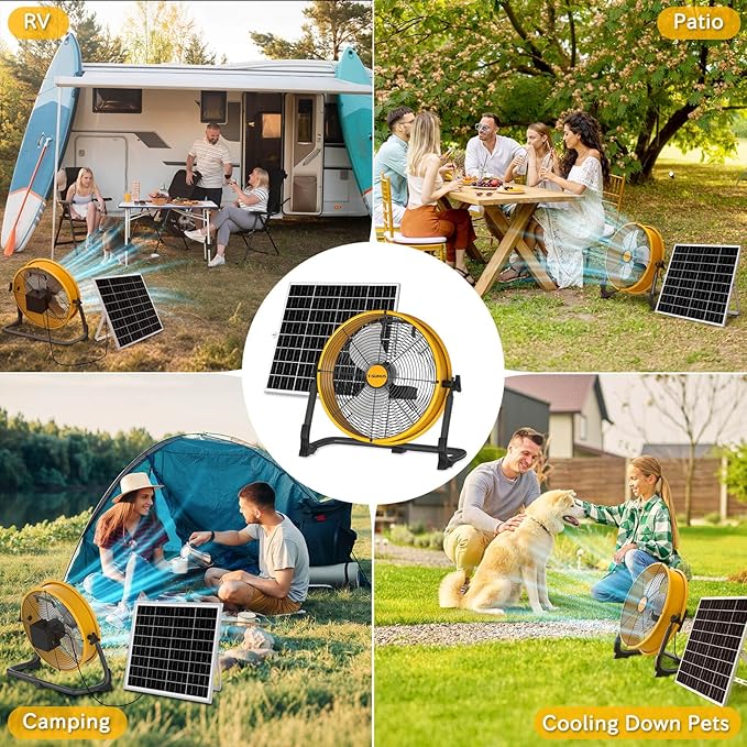 T-SUNUS 12" Solar Floor Fan with 20W Panel & 13200mAh Battery, 1500 CFM Strong Airflow, 4.5-27H Runtime, USB Phone Charging, 360° Tilt, Quiet for Camping, Patio, Garage, Shed, Tent, RV, Outdoor