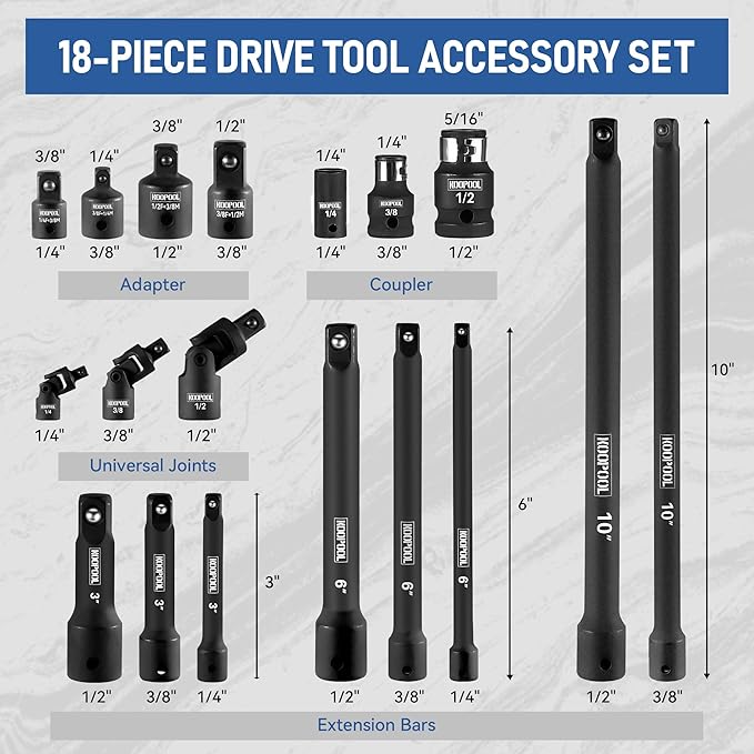 78-Piece Impact Socket Extension Set, 1/4", 3/8" & 1/2" Drive, Includes Socket Adapters, Ratchet Extension Bars, Swivel Joints, Couplers & 57 Impact Bits