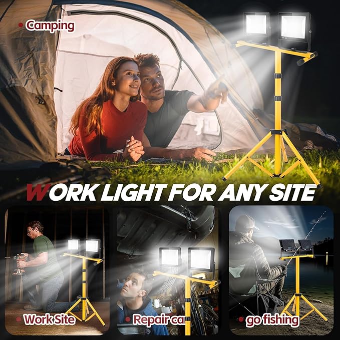 22000 Lumen Work Lights with Stand, 2 Adjustable Head LED Work Light, with Adjustable and Foldable Tripod Stand, Waterproof Lamp with Individual Switch with 6500 Kelvin Color (2-head)